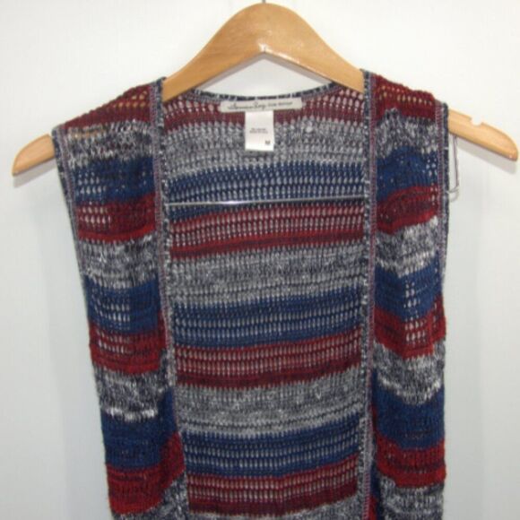 American Rag Americana Striped Crochet Fringe Side Slit Duster Vest Size M - Picture 4 of 7